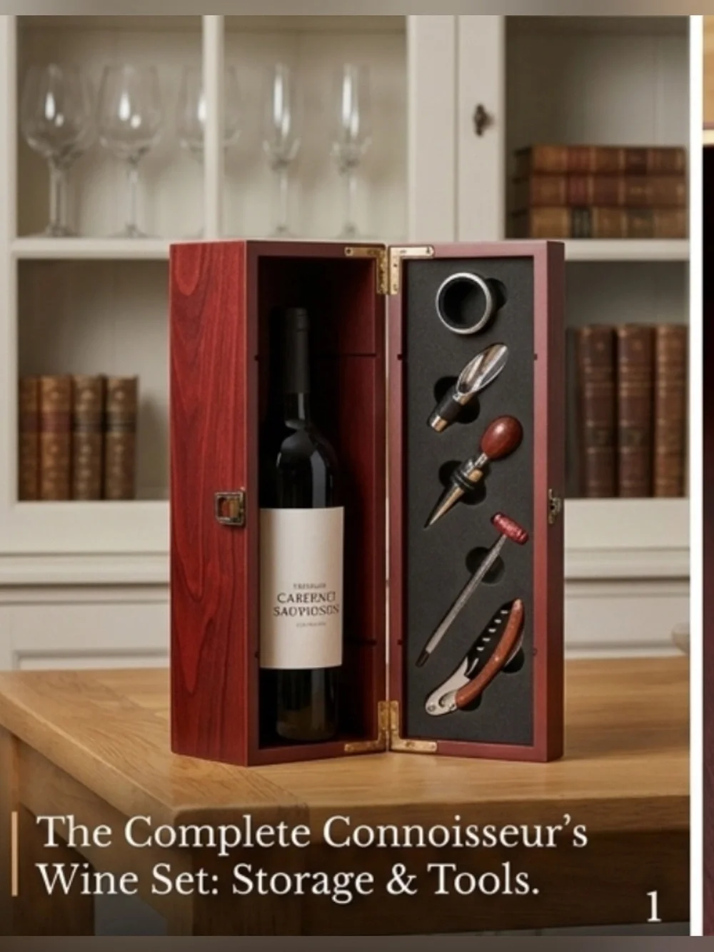 NWT Deluxe Wood Wine Gift Box Case with 5-Piece Sommelier Tool Accessory Set